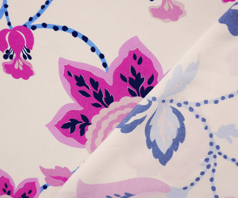 Ivory-Pink-Multi Viscose Floral Crepe Faille Designer Fabric