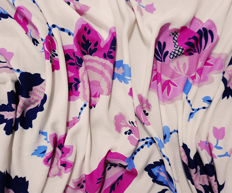 Ivory-Pink-Multi Viscose Floral Crepe Faille Designer Fabric
