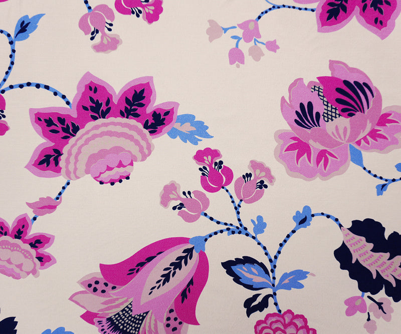 Ivory-Pink-Multi Viscose Floral Crepe Faille Designer Fabric