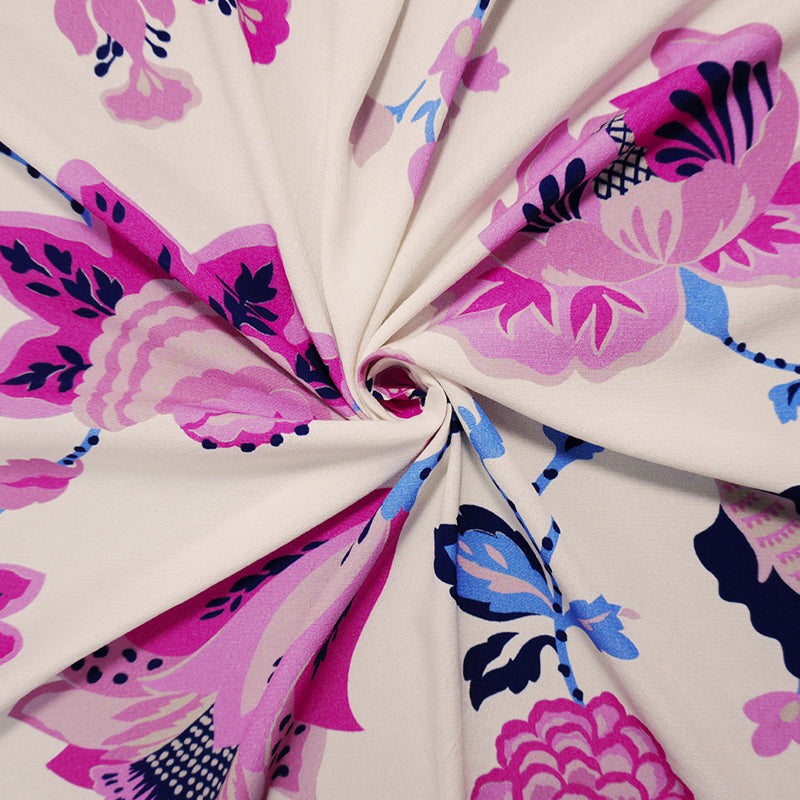 Ivory-Pink-Multi Viscose Floral Crepe Faille Designer Fabric