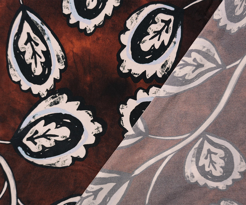 Brown-Multi Cupro Leaves Printed Woven Famous Designer Fabric