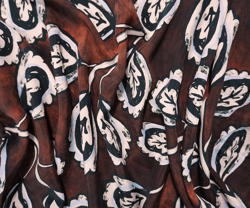 Brown-Multi Cupro Leaves Printed Woven Famous Designer Fabric
