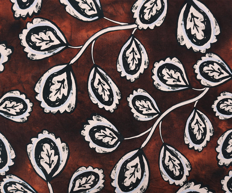 Brown-Multi Cupro Leaves Printed Woven Famous Designer Fabric