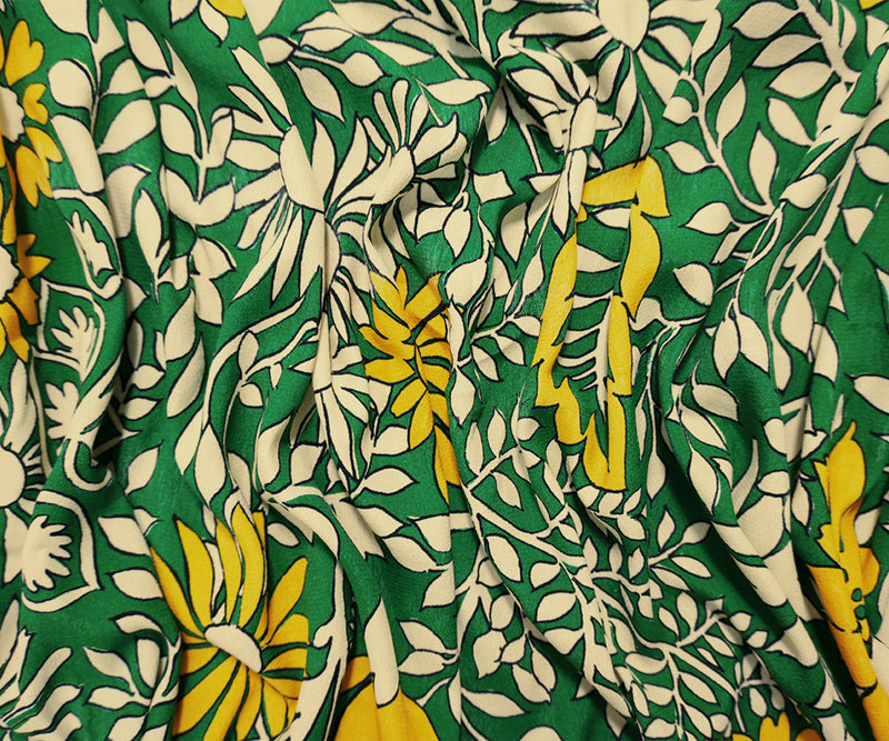 Green-Yellow Viscose Floral Crepe Faille Famous Designer Fabric