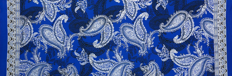 Blue-Silver Poly Blend Paisley Border ITY Knit Famous Designer Fabric