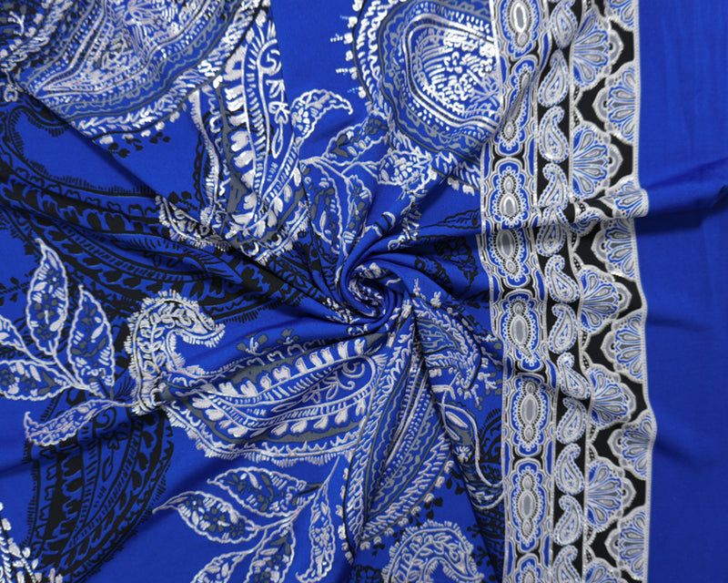 Blue-Silver Poly Blend Paisley Border ITY Knit Famous Designer Fabric