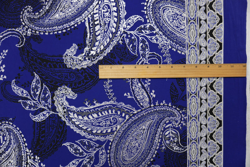 Blue-Silver Poly Blend Paisley Border ITY Knit Famous Designer Fabric
