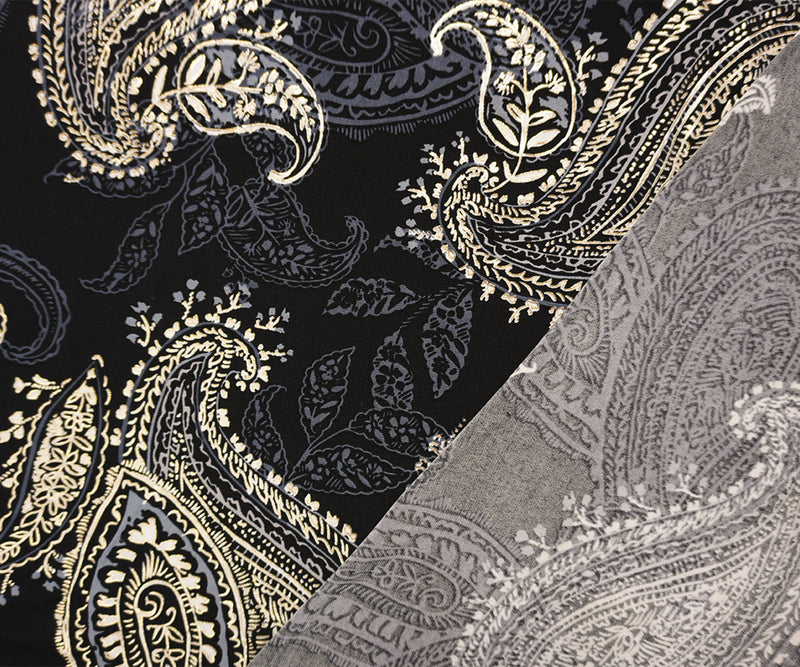 Black-Gold Poly Blend Paisley Border ITY Knit Famous Designer Fabric