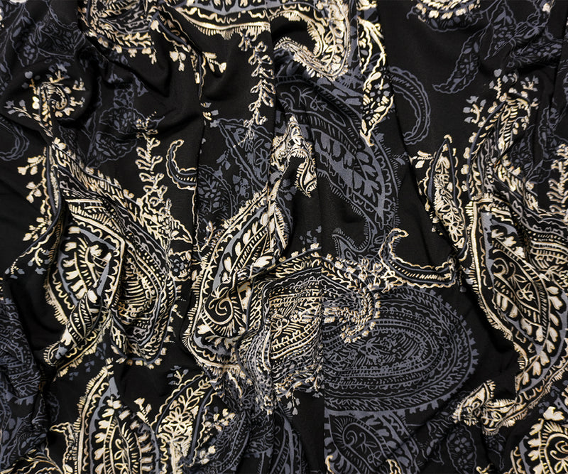 Black-Gold Poly Blend Paisley Border ITY Knit Famous Designer Fabric