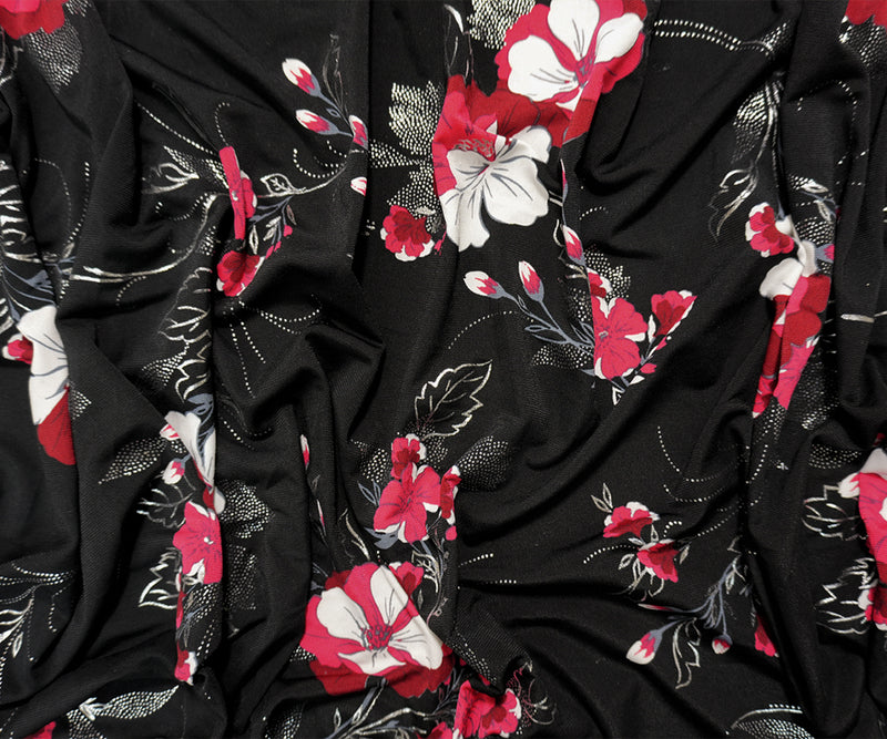 Black-Red Poly Blend Floral Border ITY Knit Designer Fabric