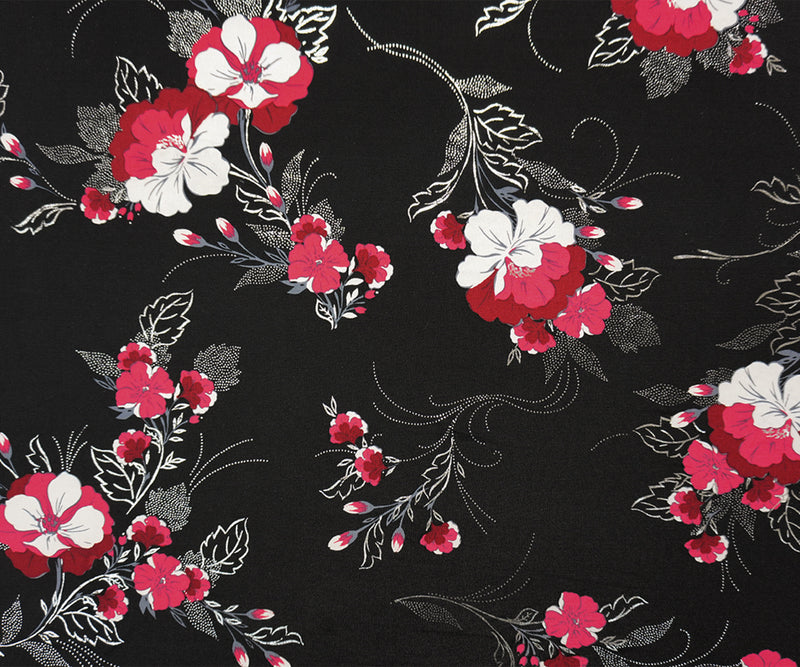 Black-Red Poly Blend Floral Border ITY Knit Designer Fabric