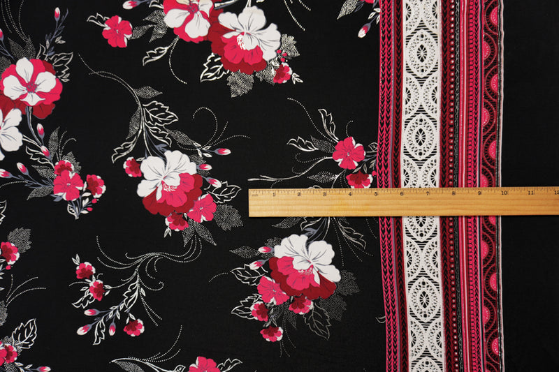 Black-Red Poly Blend Floral Border ITY Knit Designer Fabric