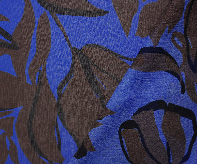 Blue-Brown Viscose Floral Crinkled Chiffon Famous Designer Fabric