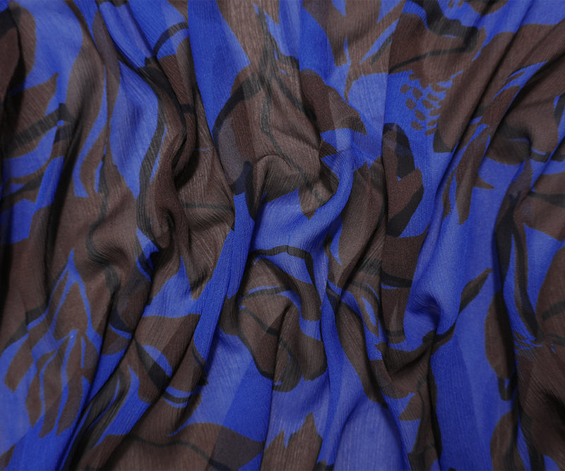 Blue-Brown Viscose Floral Crinkled Chiffon Famous Designer Fabric