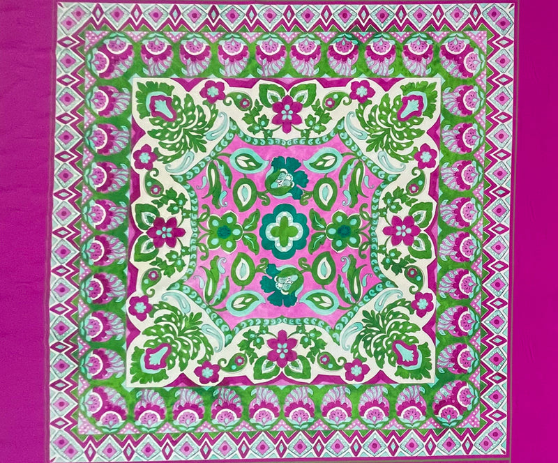 Pink-Green Cotton Floral Border PANEL Poplin Designer Fabric
