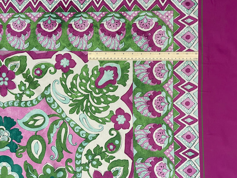 Pink-Green Cotton Floral Border PANEL Poplin Designer Fabric