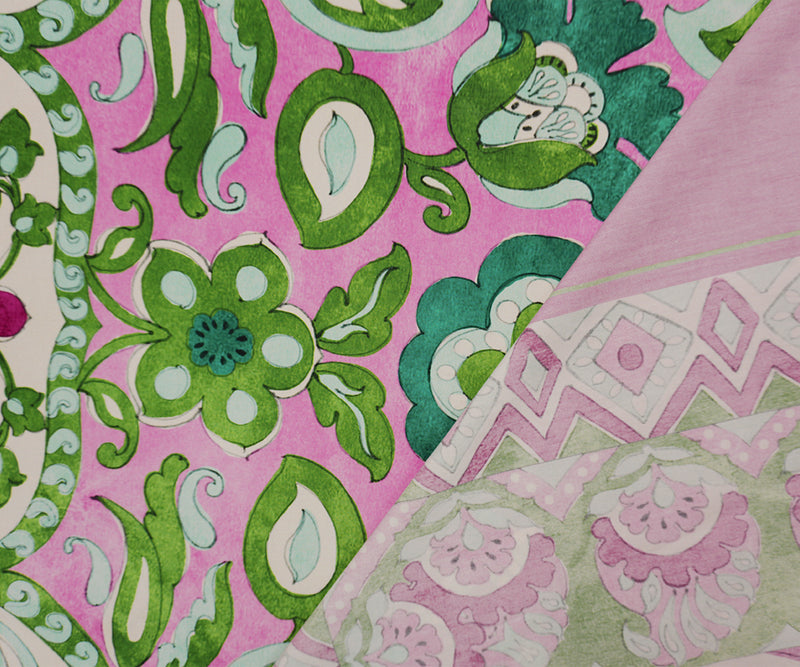 Pink-Green Cotton Floral Border PANEL Poplin Designer Fabric