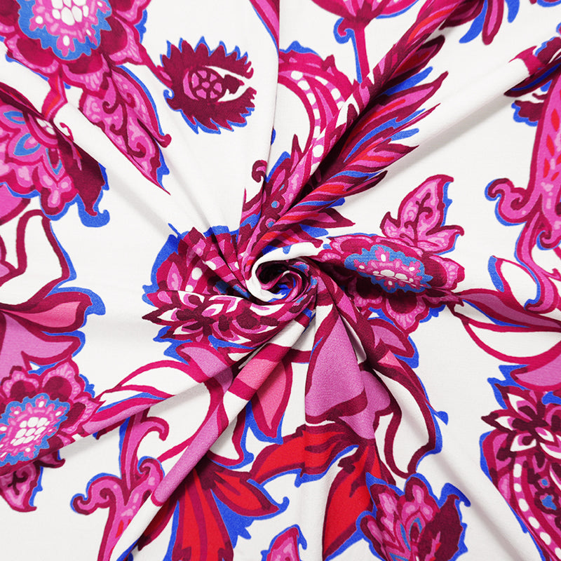 Pink-White-Multi Viscose Floral Crepe Faille Designer Fabric