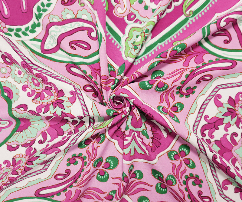 Magenta-Green Viscose Floral Crepe Faille Famous Designer Fabric