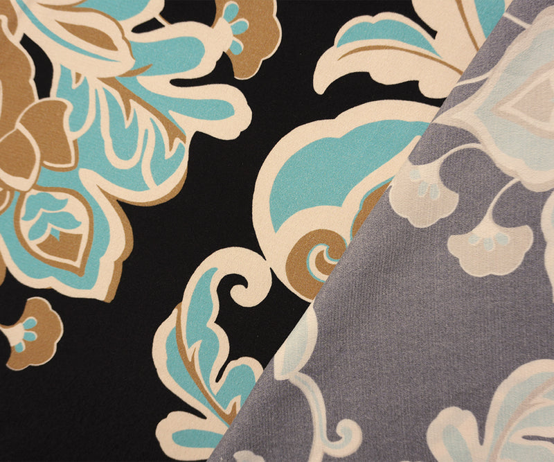 Black-Teal-Brown Viscose Floral Crepe Faille Designer Fabric