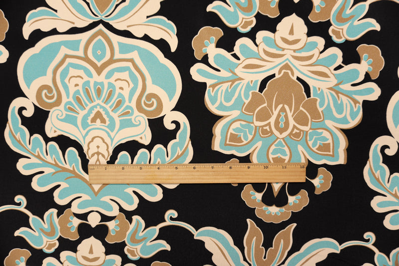 Black-Teal-Brown Viscose Floral Crepe Faille Designer Fabric