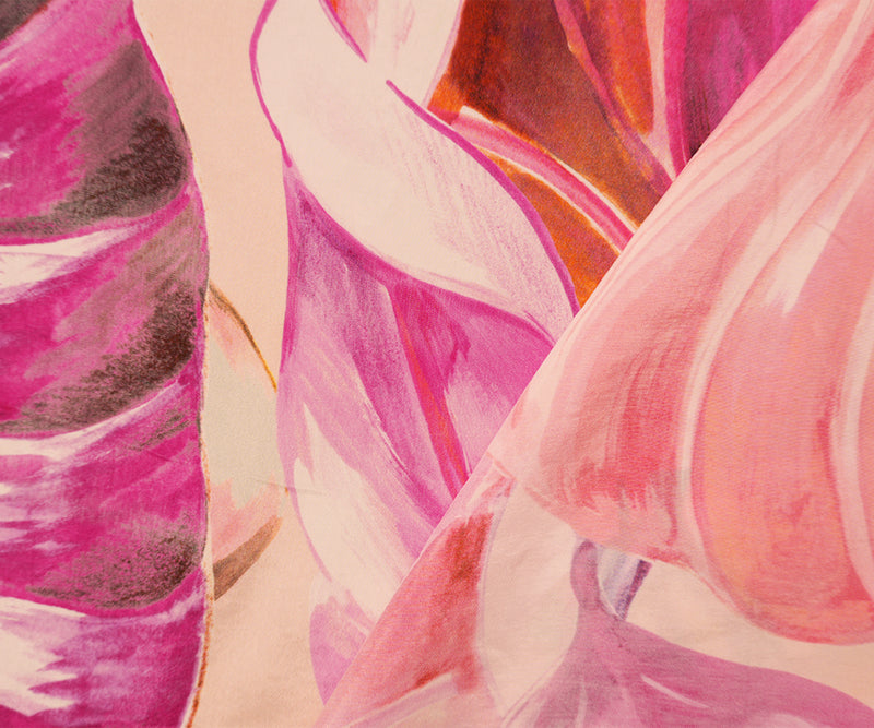 Pink-Multi Cupro Leaves Printed Woven Famous Designer Fabric