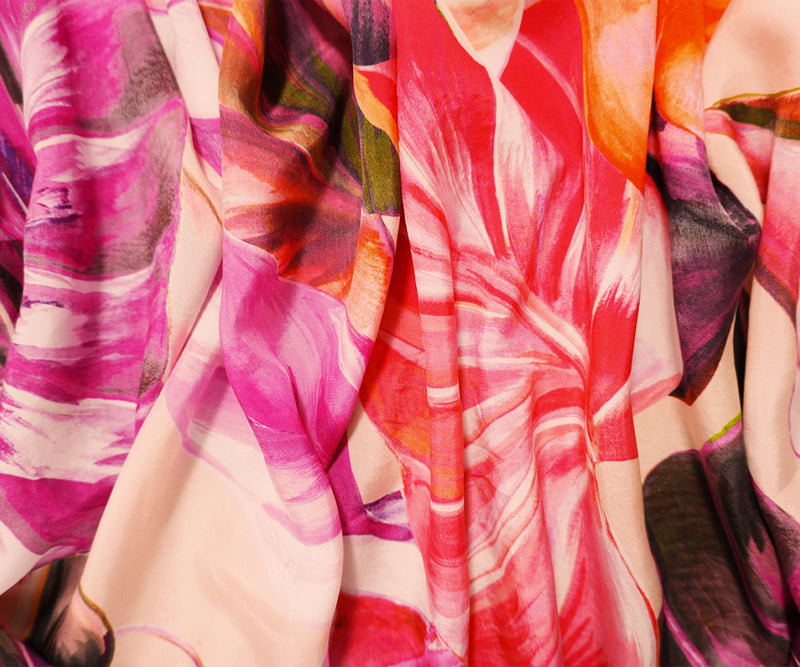 Pink-Multi Cupro Leaves Printed Woven Famous Designer Fabric