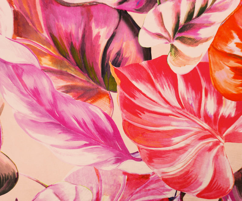 Pink-Multi Cupro Leaves Printed Woven Famous Designer Fabric