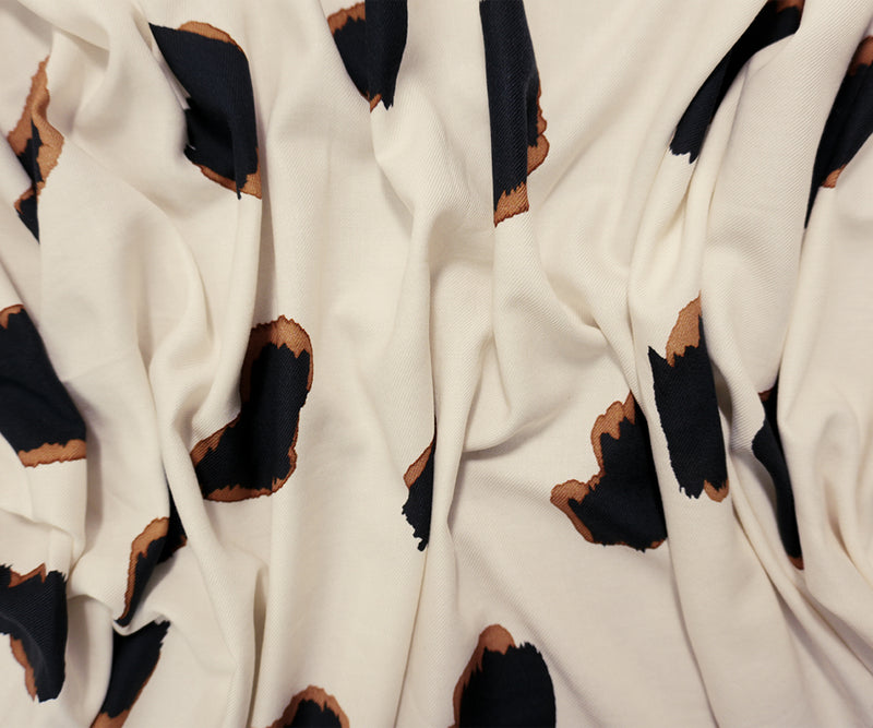 Ivory-Black-Brown Viscose Abstract Spot Twill Designer Fabric