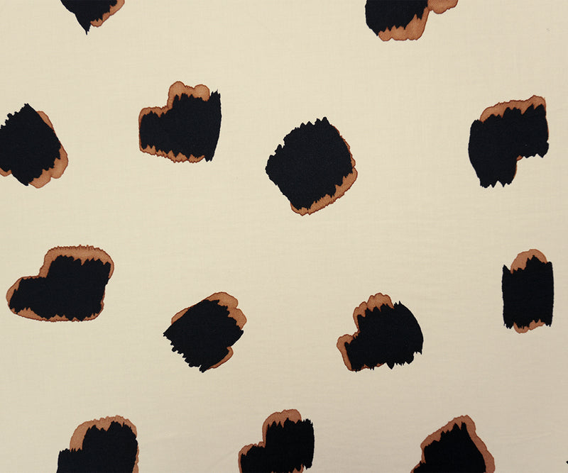 Ivory-Black-Brown Viscose Abstract Spot Twill Designer Fabric