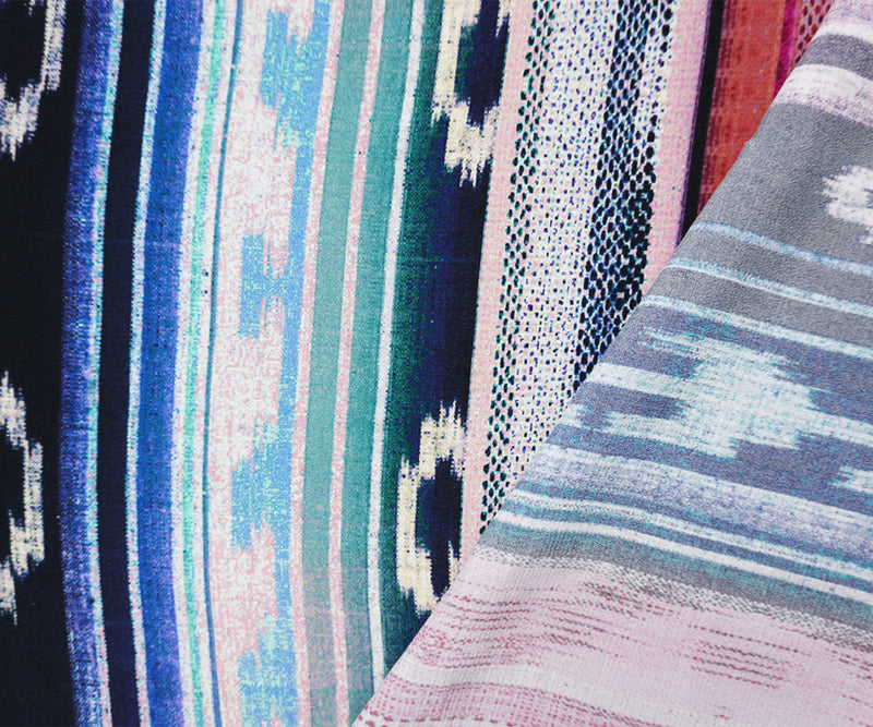 Blue-Green-Multi Viscose Ikat Crepe Faille Designer Fabric