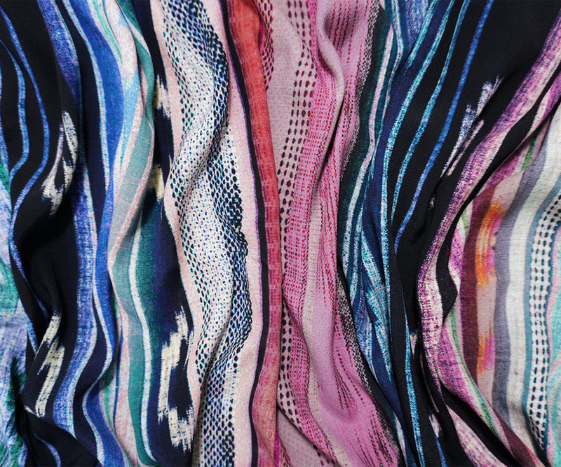 Blue-Green-Multi Viscose Ikat Crepe Faille Designer Fabric