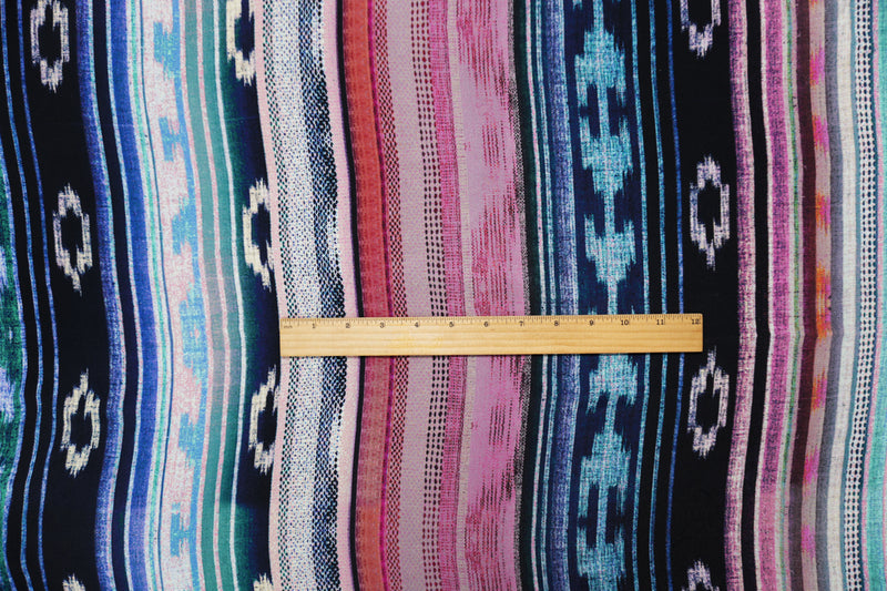 Blue-Green-Multi Viscose Ikat Crepe Faille Designer Fabric