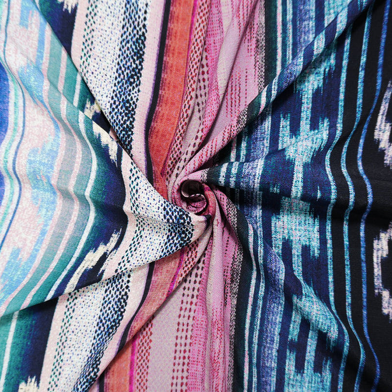 Blue-Green-Multi Viscose Ikat Crepe Faille Designer Fabric