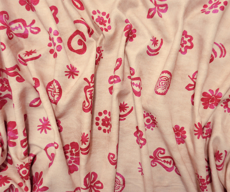 Beige-Pink Viscose Floral Border Twill Famous Designer Fabric