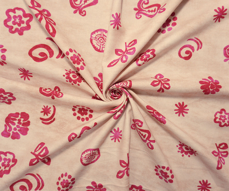 Beige-Pink Viscose Floral Border Twill Famous Designer Fabric