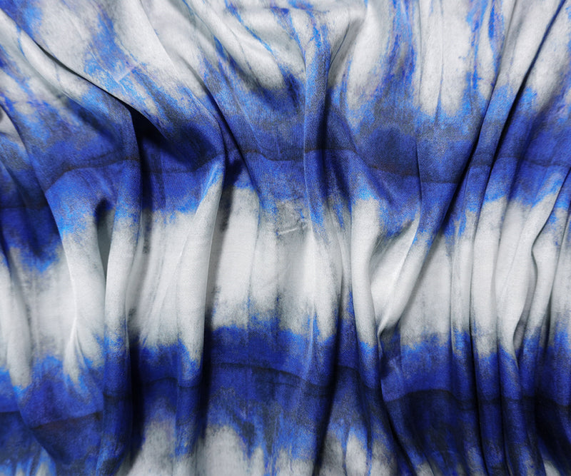Blue Viscose Tie Dye Printed Satin Woven Famous Designer Fabric