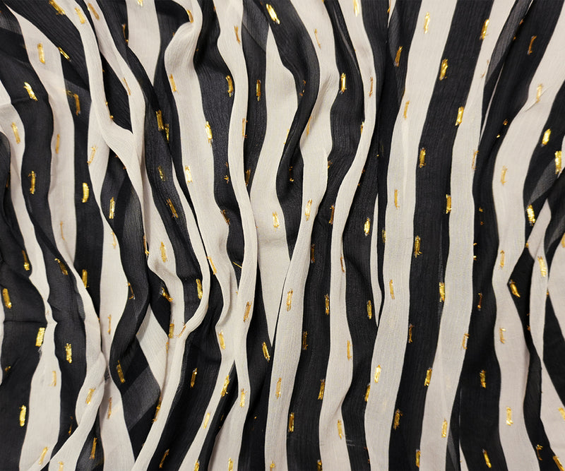 Black-Gold Viscose Metallic Stripe Chiffon Famous Designer Fabric
