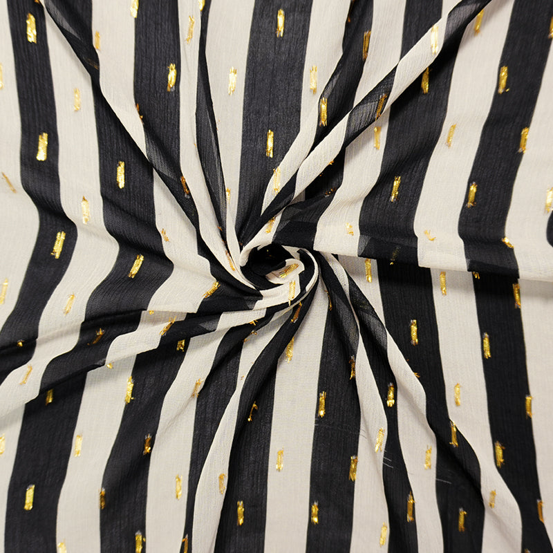 Black-Gold Viscose Metallic Stripe Chiffon Famous Designer Fabric