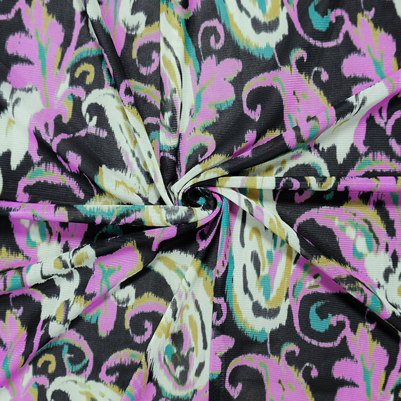 Black Poly Elastic Paisley Print Mesh Knit Famous Designer Fabric