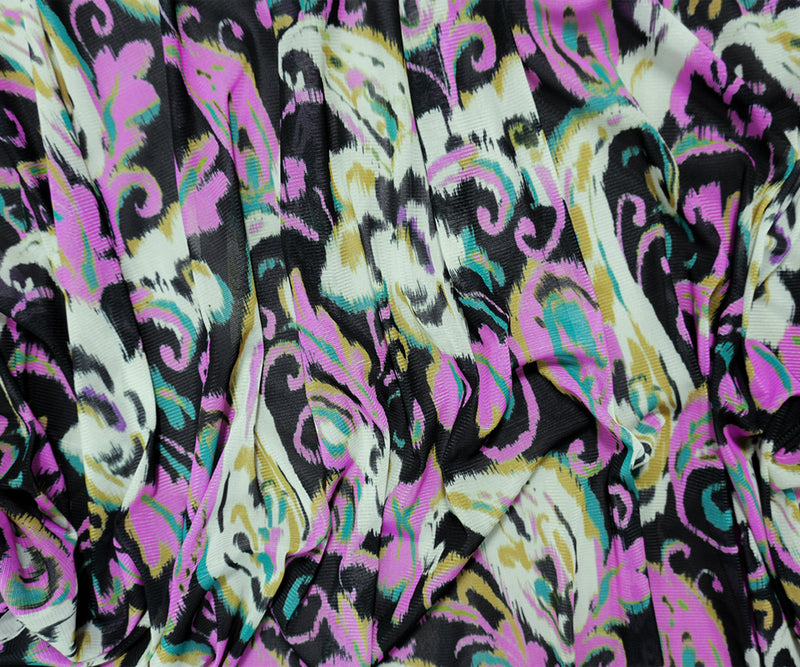 Black Poly Elastic Paisley Print Mesh Knit Famous Designer Fabric