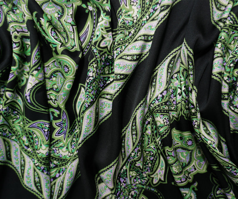 Black-Green Viscose Paisley Printed Satin Famous Designer Fabric