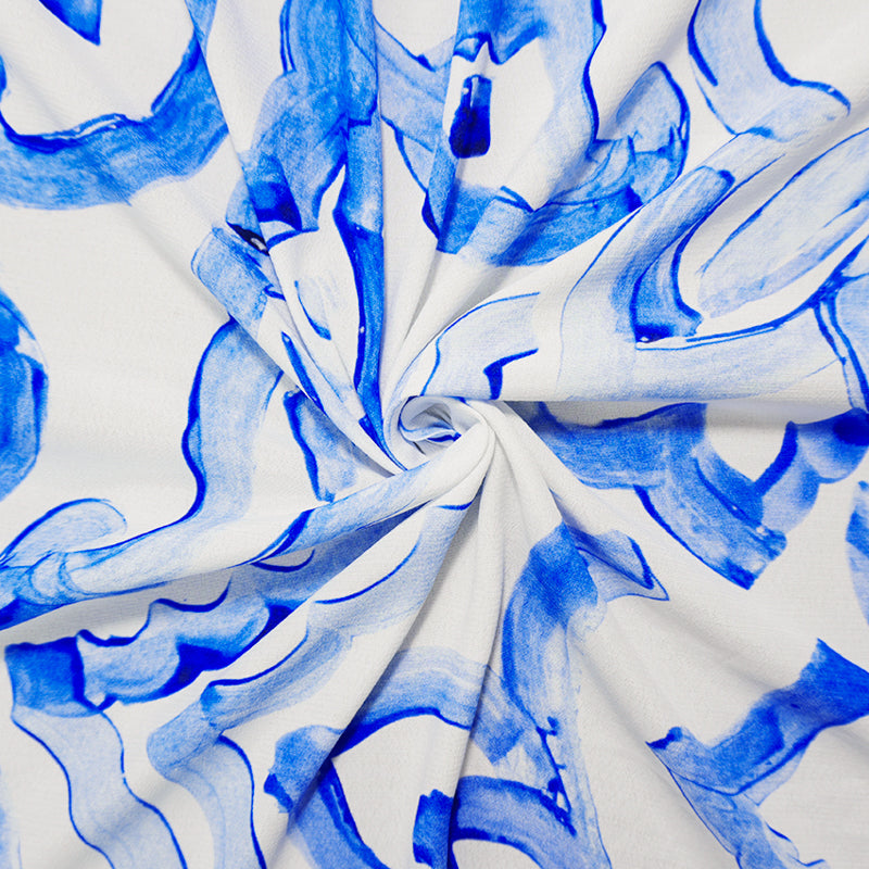 White-Blue Viscose Abstract Crepe Faille Famous Designer Fabric