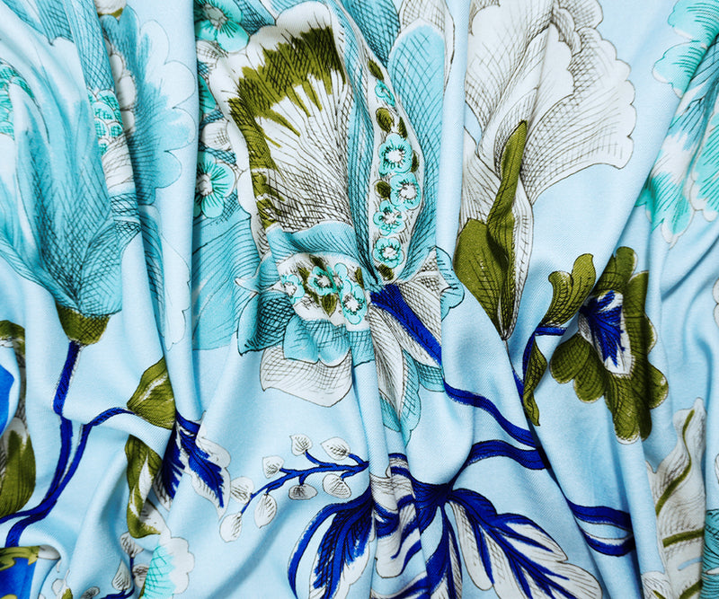 2 YD PC Blue-Green Viscose Floral Twill Woven Famous Designer Fabric