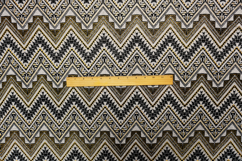 Gray-Gold Poly Blend Aztec Chevron Jersey Knit Designer Fabric