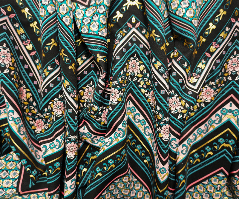 Black-Teal-Multi Poly Blend Chevron Scuba Knit Fabric