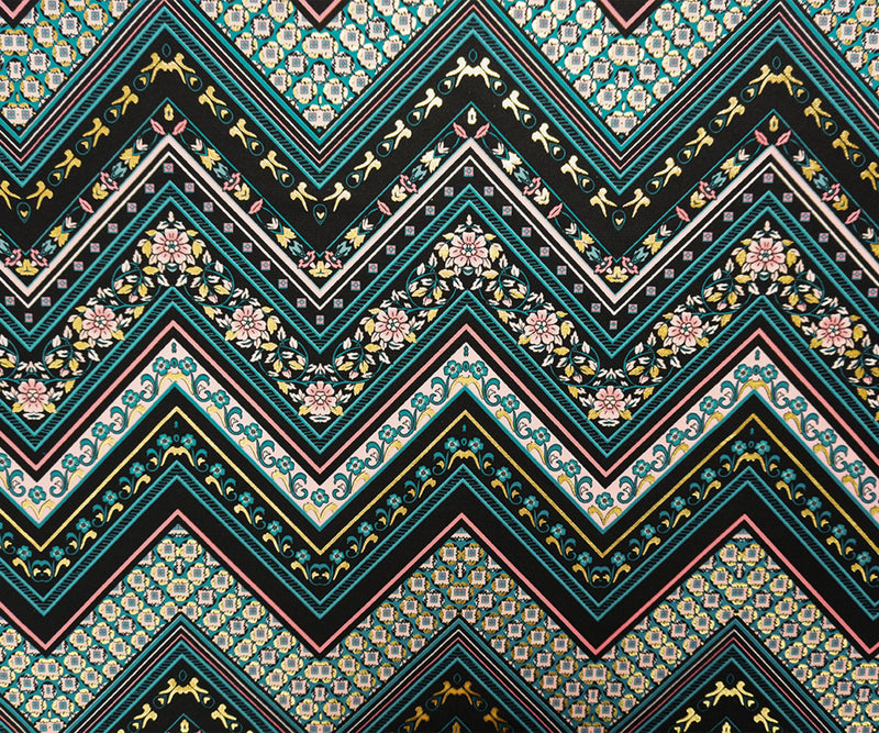 Black-Teal-Multi Poly Blend Chevron Scuba Knit Fabric