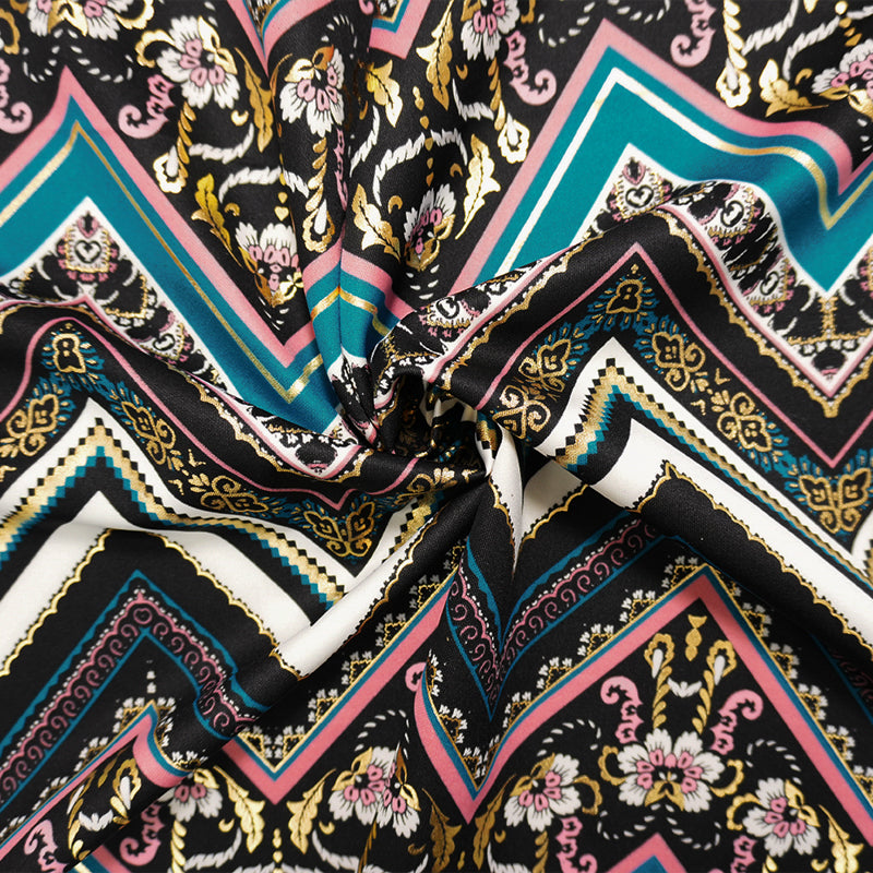 Black-Teal Poly Blend Floral Chevron Scuba Knit Fabric