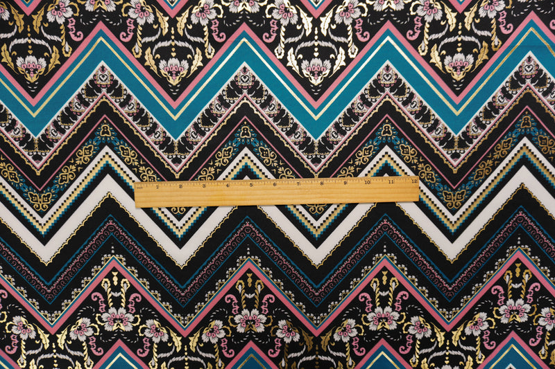 Black-Teal Poly Blend Floral Chevron Scuba Knit Fabric