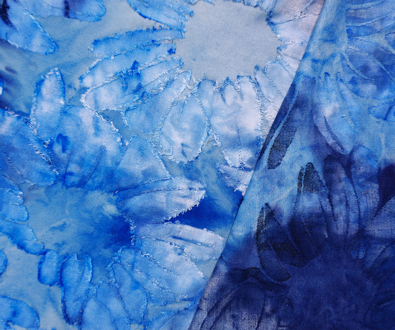 Blue-White Tie Dye Floral Jacquard Jersey Knit Designer Fabric